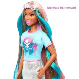 Barbie Fantasy Hair Doll, Brunette, with 2 Decorated Crowns and Accessories