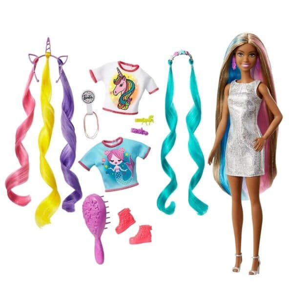 Barbie Fantasy Hair Doll, Brunette, with 2 Decorated Crowns and Accessories
