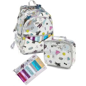 ustice Girls Back to School Bundle, Holo Sticker Pocket Backpack & Wristlet, Lunch Tote y Pencil Case Metallic