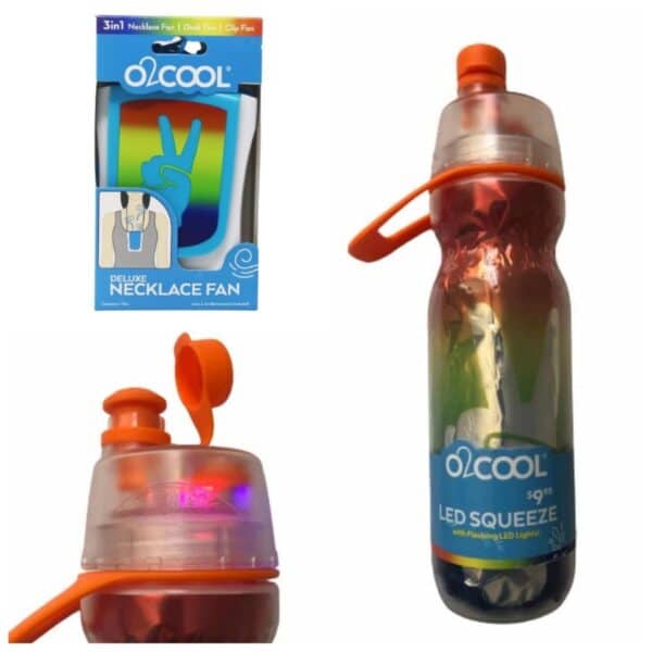 O2COOL Bundle, Rainbow Necklace Fan & Squeeze 20 oz. Insulated Water Bottle Multicolor