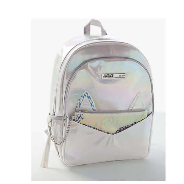 Justice Girls Leopard Holo Backpack and Leopard Cheetah Clear Kitty Bag